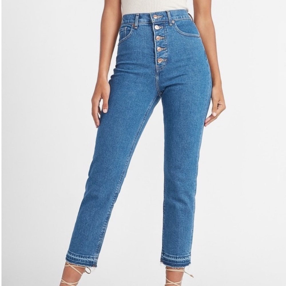 Express Super High Rise Button Fly Blue Mom Jeans Raw Hem High Waisted